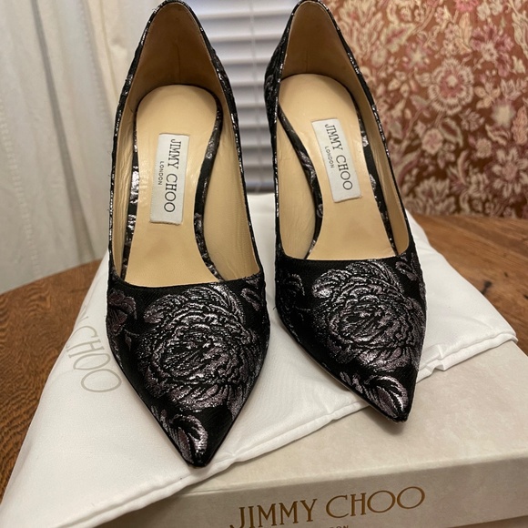 Worn once - Jimmy Choo Love 100 mm Heels Brocade in Black/Steel- Size 38 - Picture 3 of 10